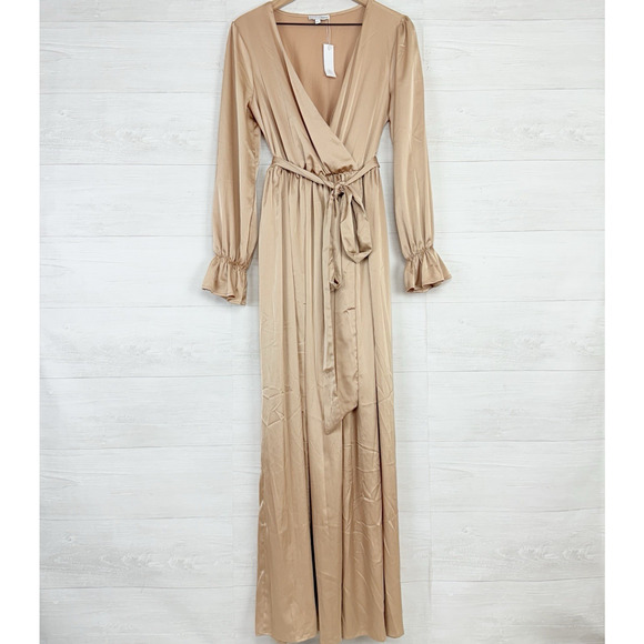 Baltic Born Holly Satin Maxi Dress Large Champagne Long Sleeve Wedding Formal - Picture 3 of 16